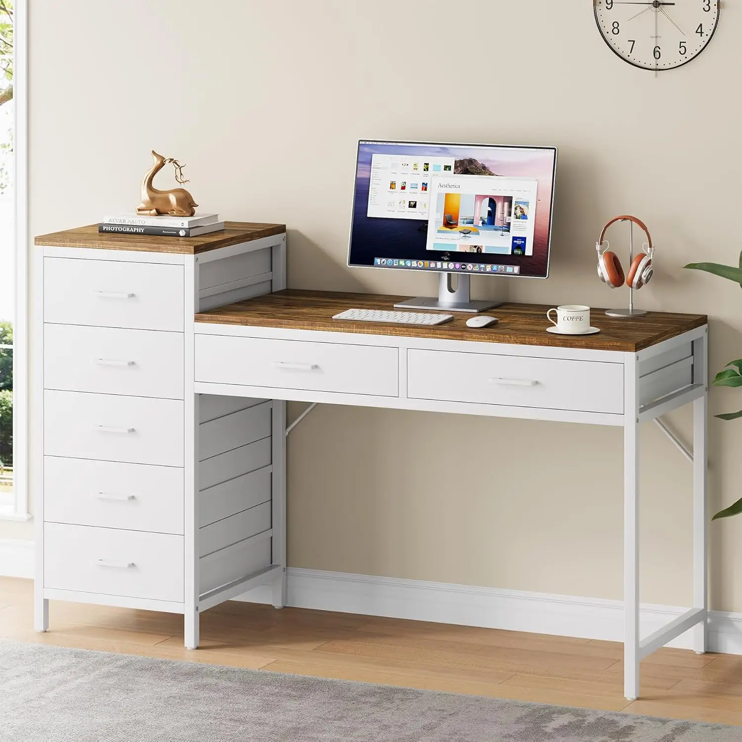 Computer Desk With Reversible Drawer, 55 H Home Office Desks With 7 Drawers, Modern Compact Study Writing Table Workstation