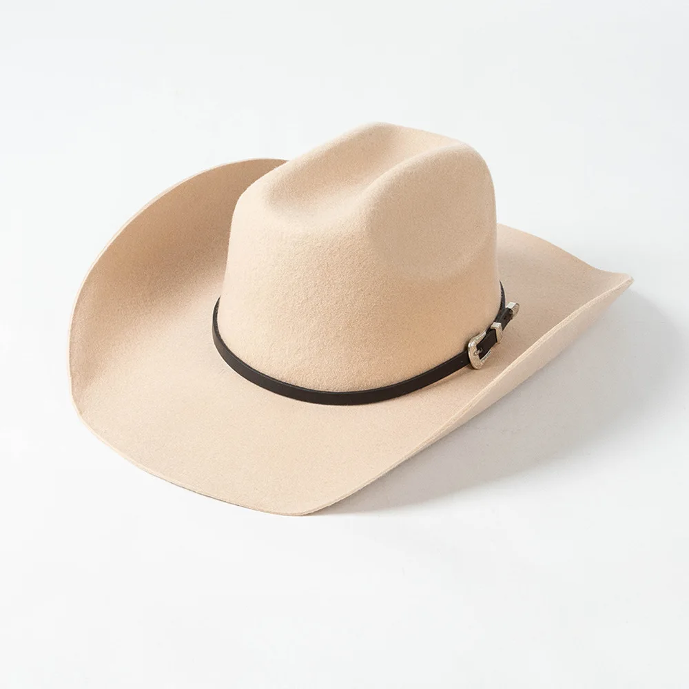 

Autumn and Winter New Fashion Casual Belt Buckle Curved Brim Large Brim Wool Felt Cowboy Hat Outdoor Warm Hat Trendy