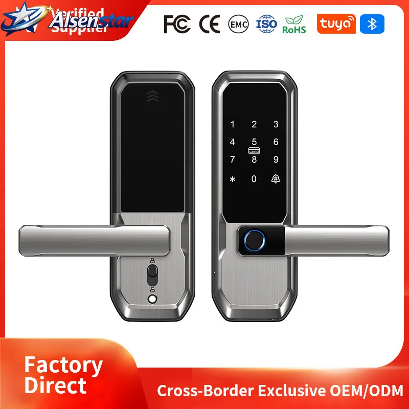 Smart Fingerprint Lock,Password Key Card,Tuya APP Control Aluminum Alloy Electronic Lock Black/Nickel/Grey Smart Lock