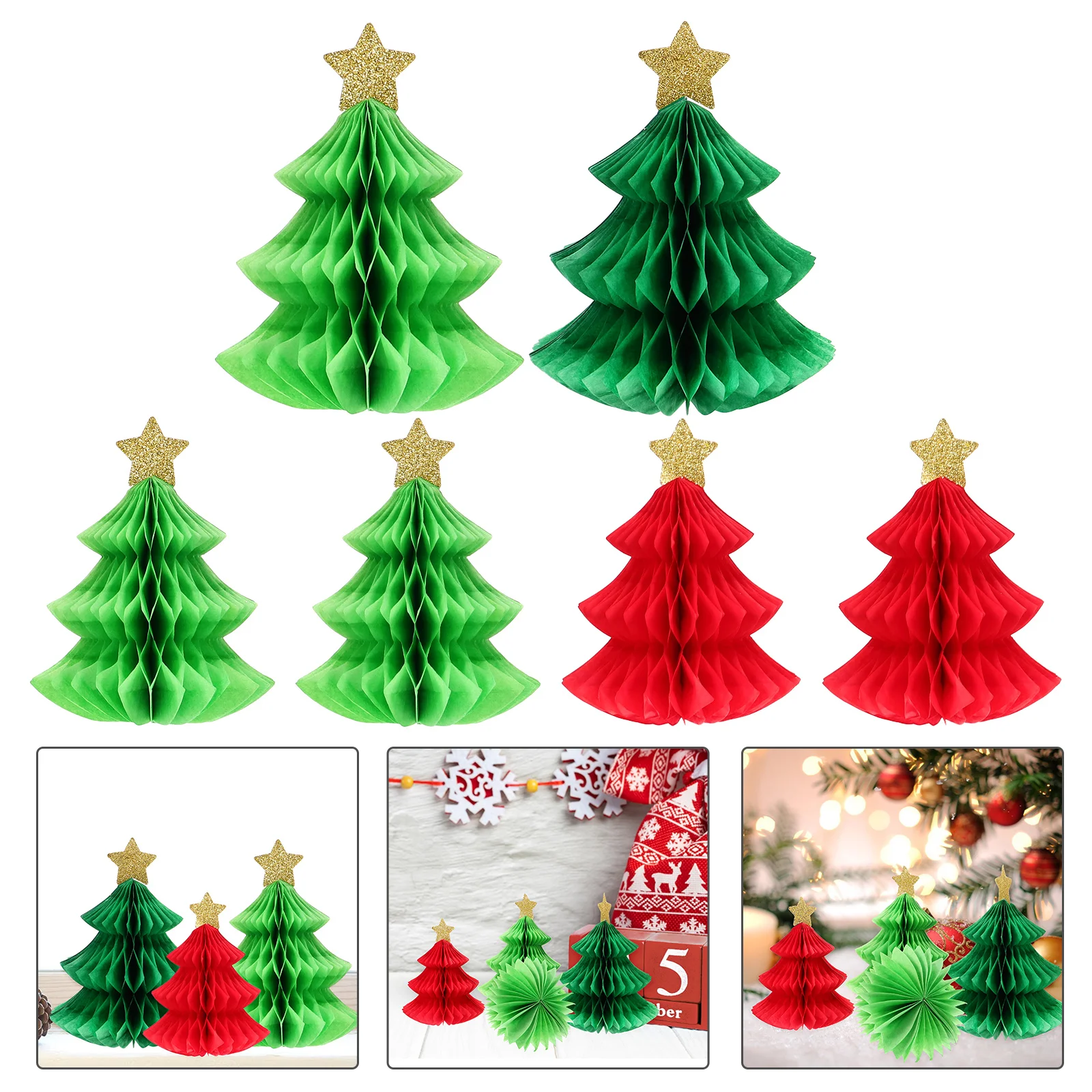 6 Pcs Christmas Tree Decoration Honeycomb Centerpieces Red Green Paper Party Supplies naments Festive Decorations Table