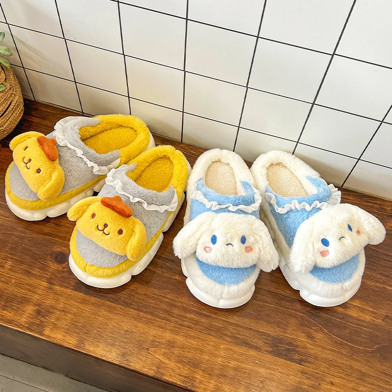 Sanrio Kuromi Slippers Cute Cinnamoroll Hello Kitty Cotton Fuzzy Slippers My Melody Women's Winter Velvet Warm Home Shoes Gifts