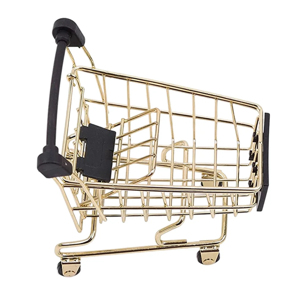 Golden Mini Shopping Cart Metal Storage Basket Trolley naments Home Office Decorations Craft Gifts Storage Baskets Household