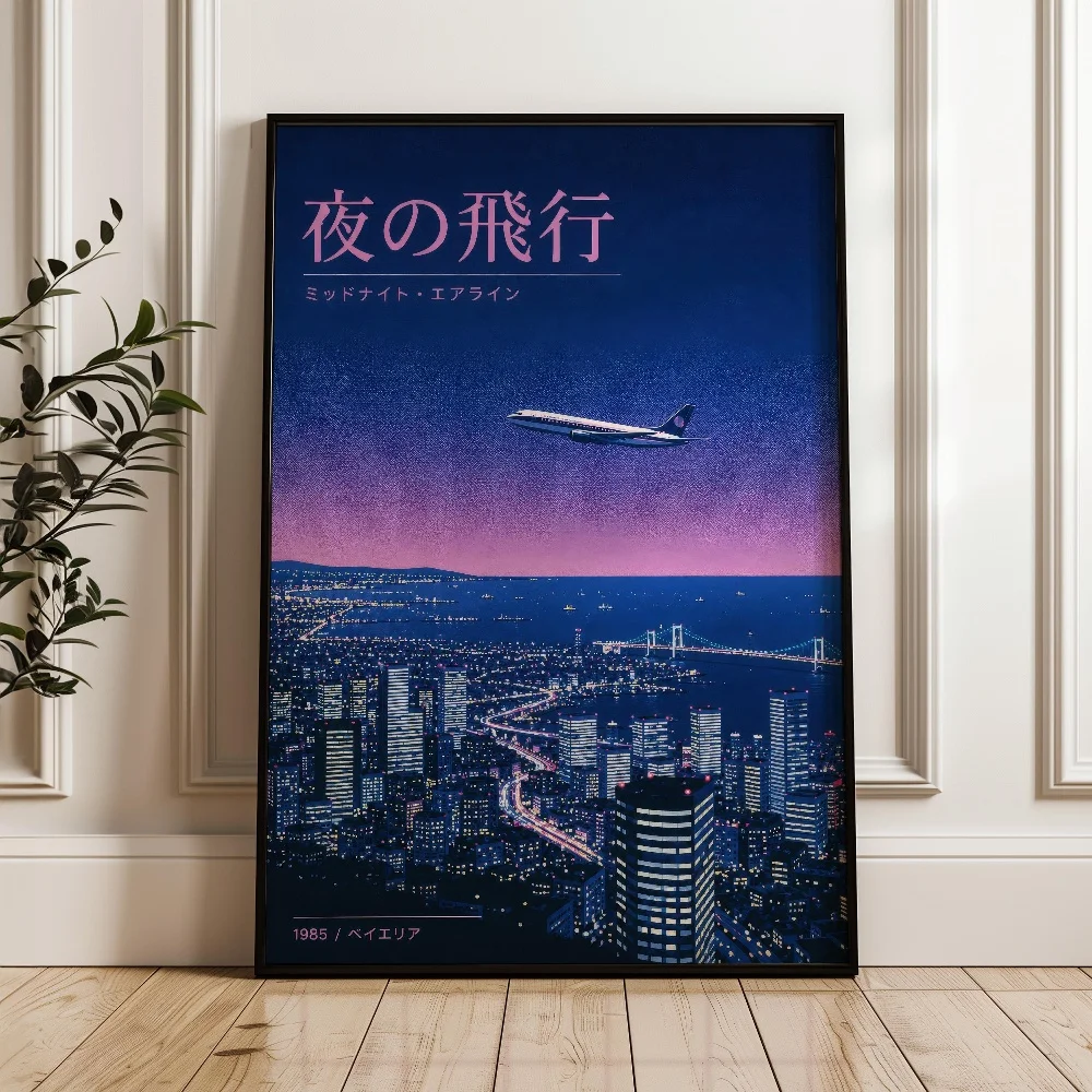 Japanese Style Sunset Night View At The Beach Retro Vaporwave Canvas Painting Wall Art Poster Picture Home Decor Mural Cuadros