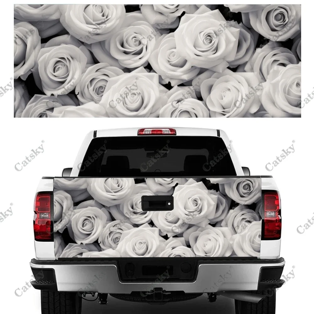 White Rose Flowers Truck Tailgate Wrap Professional Grade Material Universal Fit for Full Size Trucks Weatherproof