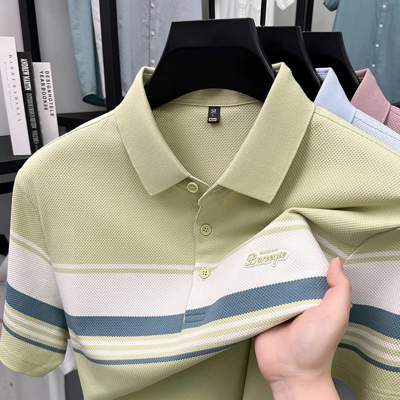Luxury brand men short sleeve polo shirt fashion stripes summer business casual letter embossed T-shirt comfort new fashion top