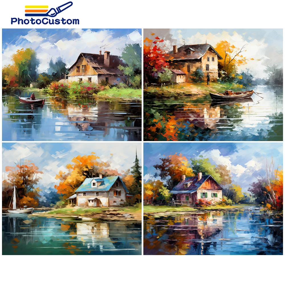 PhotoCustom Diy Oil Digital Painting By Numbers Kits Scenery Hourse Acrylic Paint By Numbers Set For Adults Home Decors Wall Art