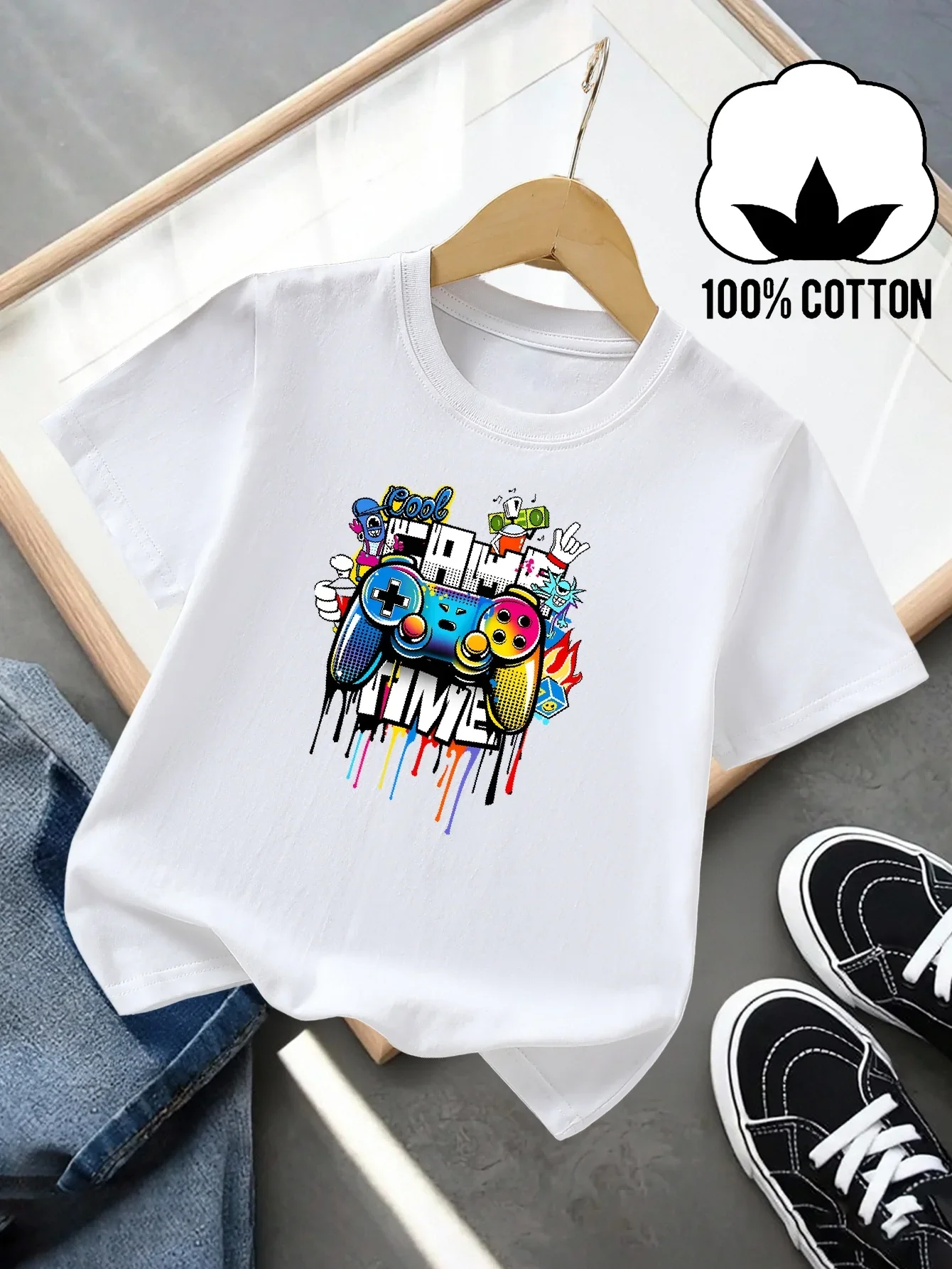Camiseta Infantil de Manga Curta para o Verão, Design Moderno e Casual com Estampa de Controle de Jogo, Gola Redonda, Blusa para Pais e Filhos