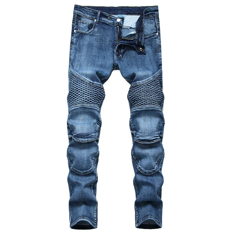 Nowe jeansy w stylu europejskim i amerykańskim na rok 2025, męskie nakolanniki motocyklowe Amazon, jeansy motocyklowe w stylu retro, modne męskie jeansy slim-fit.