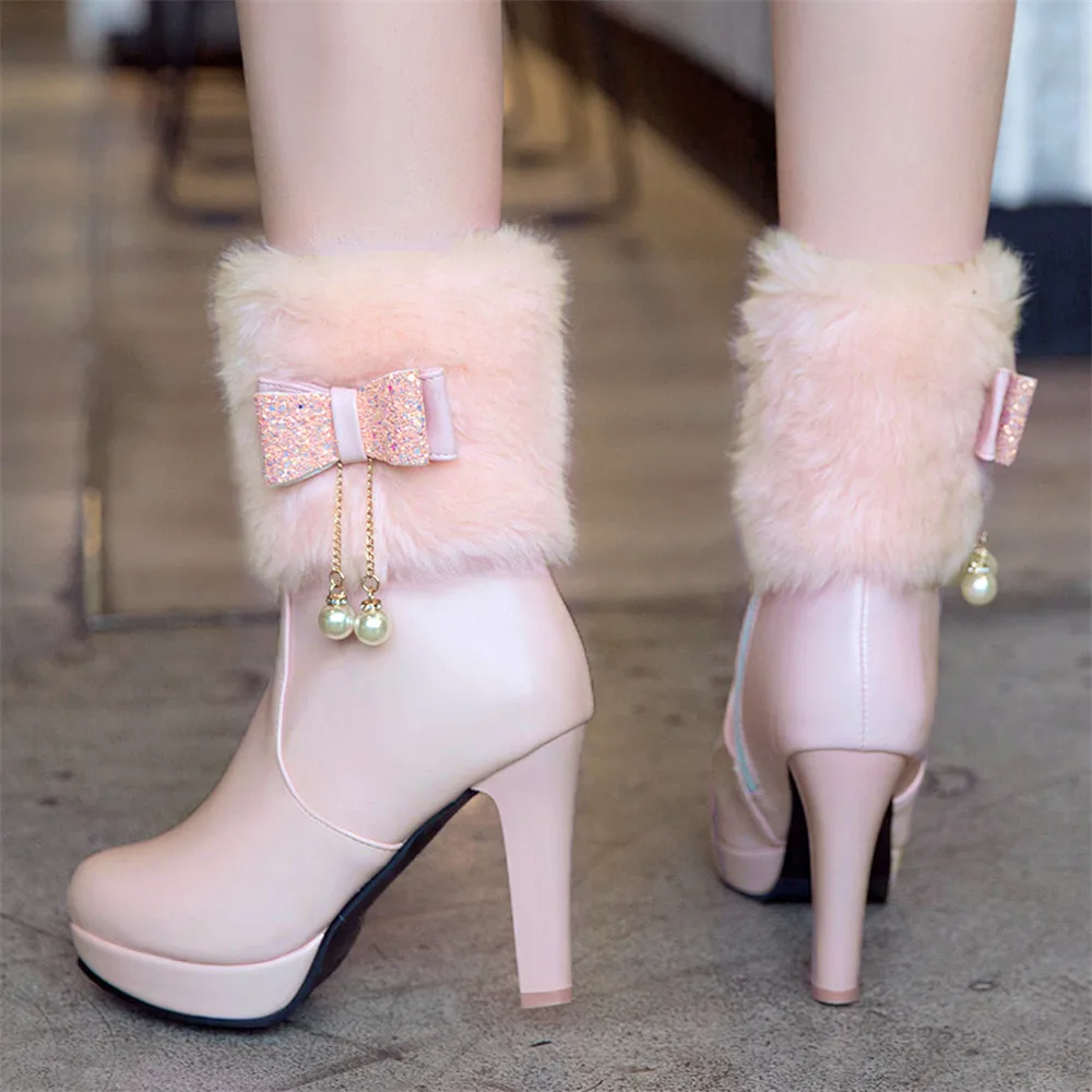 Winter Women Warm Fur Boots Ankle Boots High Heels Ladies Shoes Femme Bow Chain Pearl Short Boots Shoes Plus Size 32-43 White