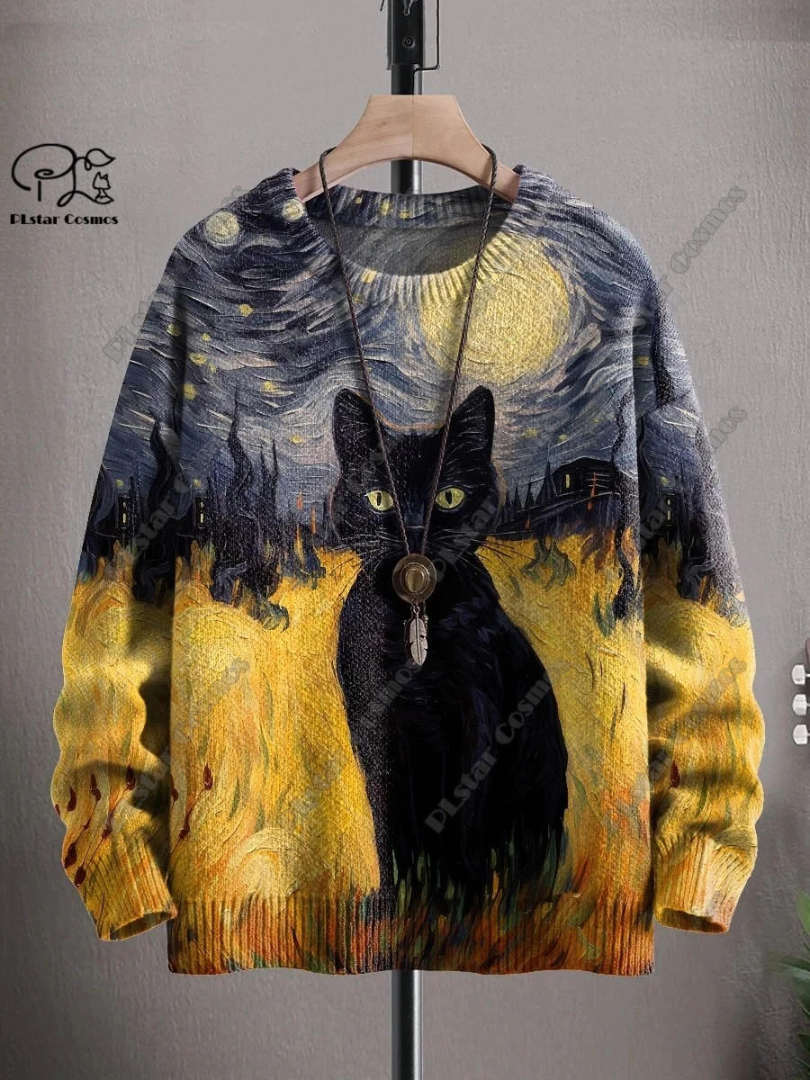 Sudadera con estampado 3D de la serie de Halloween, suéter feo con patrón de gato negro, fantasma de terror, esqueleto, bruja, calle, informal, W-1