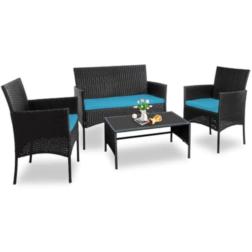 

4 Piece Outdoor Wicker Patio Conversation Furniture Set, Rattan Chair Wicker Sofa Garden Conversation Sets with Cushion