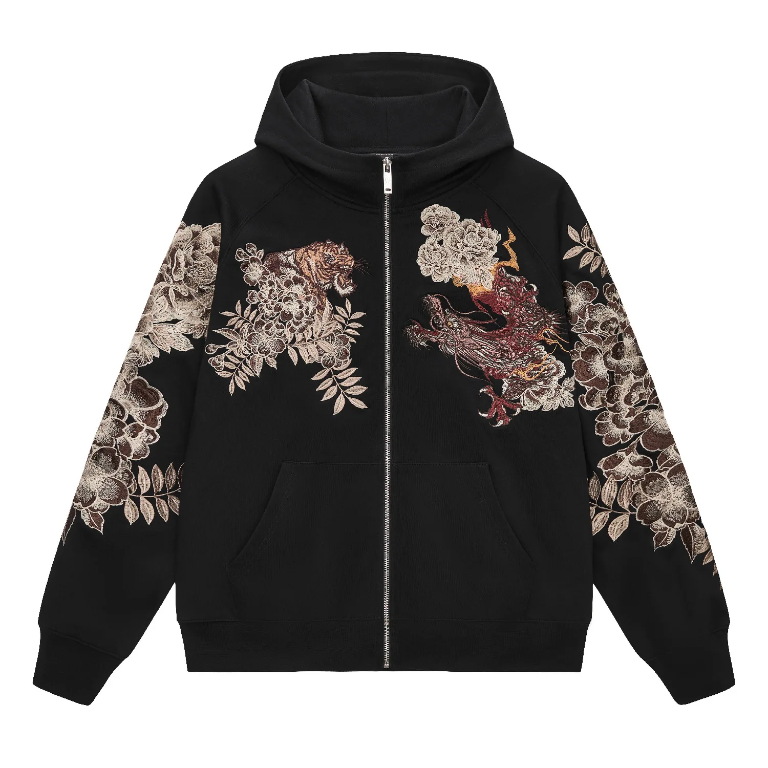 2026 Hip-Hop Zip-Up Hooded Jacket, High-end Chinese Embroidered Tiger Hoodie, Harajuku Pure Cotton Streetwear