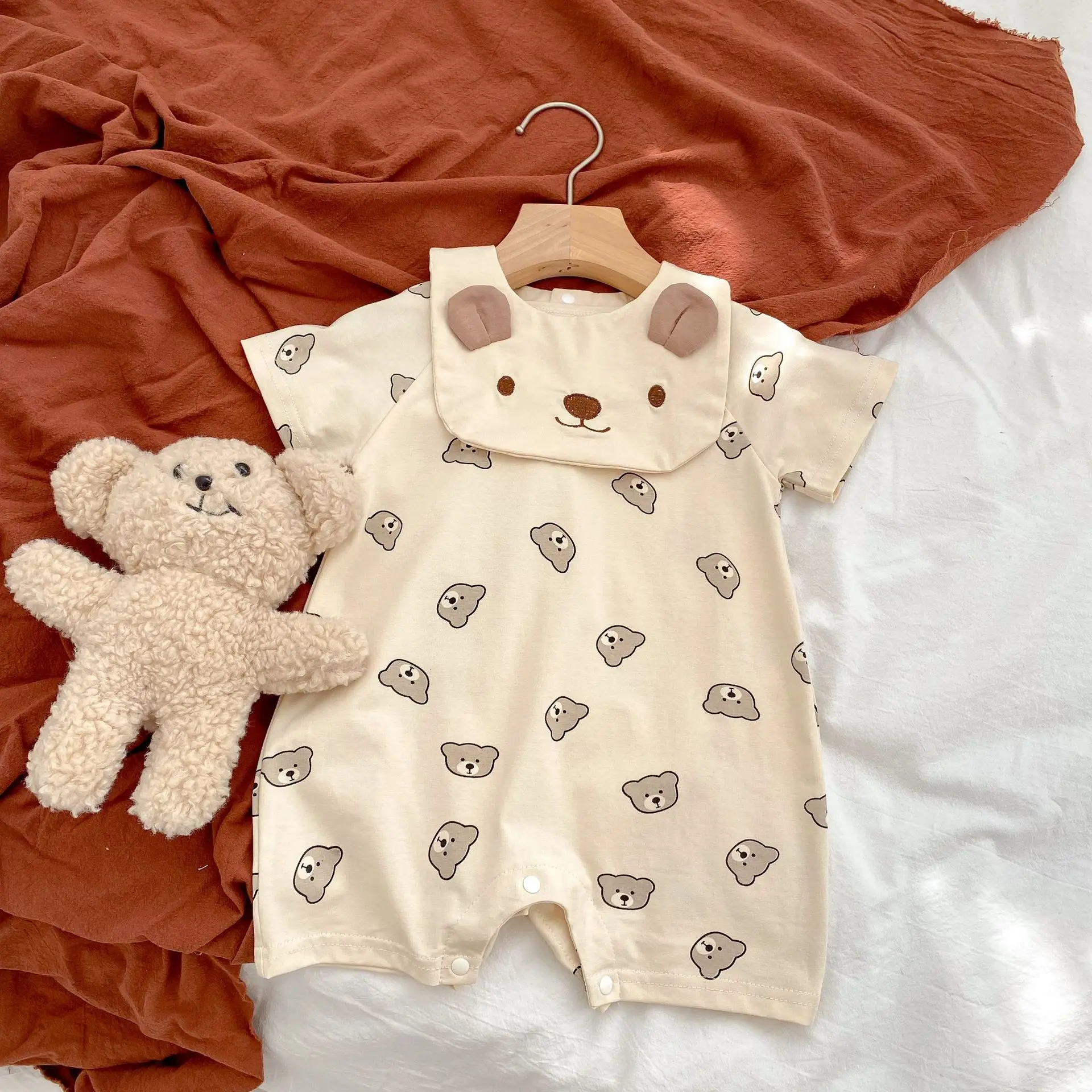 Säugling Neugeborene Mädchen Jungen tragen Print Outfits Baumwolle 100% Kurzarm Overalls Kinder Baby kleidung Stram pler Lätzchen