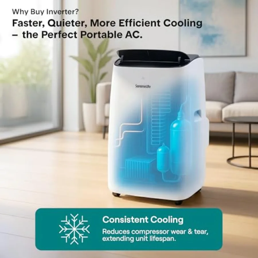 Portable AC for home use, white ABS plastic, white color, 12000 BTU inverter cooling with Wi-Fi, dehumidifier and dual hose sys - view 6