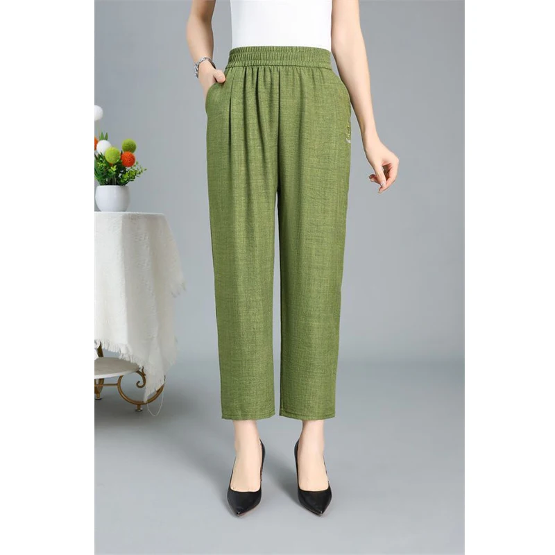 Middle Aged Elderly Women's Clothing Summer Fashion Vintage Embroidery Ankle Length Harem Pants Ladies High Waist Loose Trousers