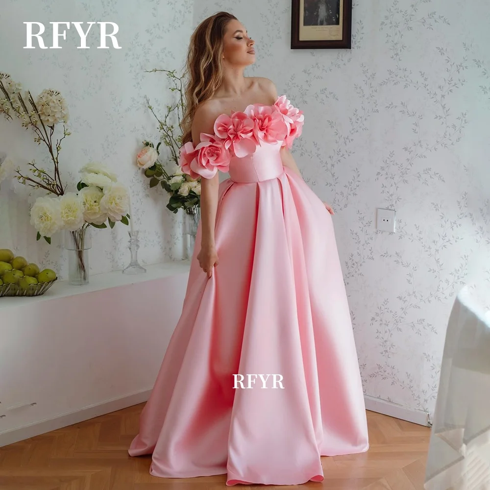 

RFYR A Line Prom Dress Off Shoulder Celebrity Gala Dress 3D Flowers Evening Dress for Women vestidos de fiesta Customized