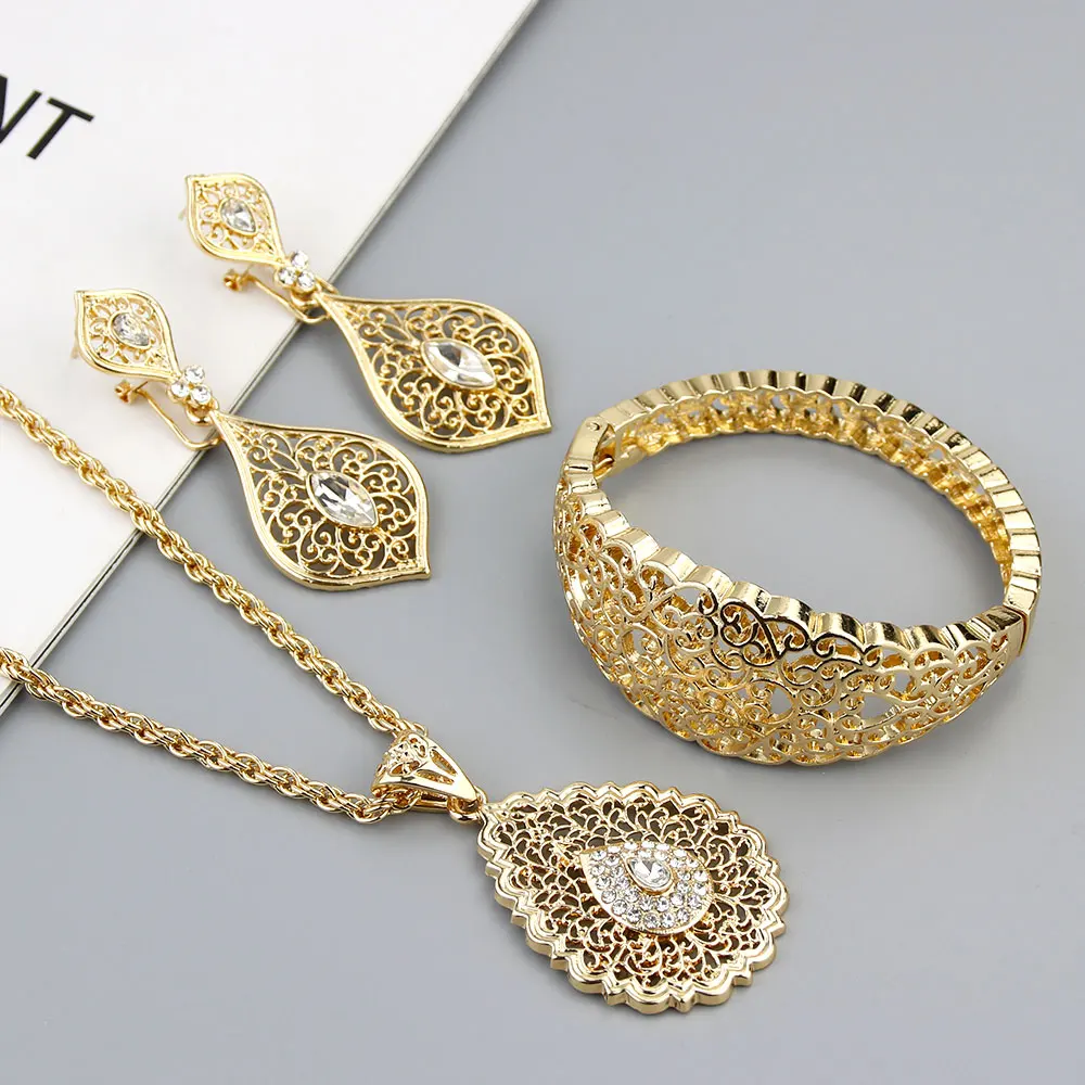 Neovisson Fashion Style Wedding Jewelry Sets Women Earring Necklace Cuff Bracelet Bangle Algeria Gold Color Bride Gift