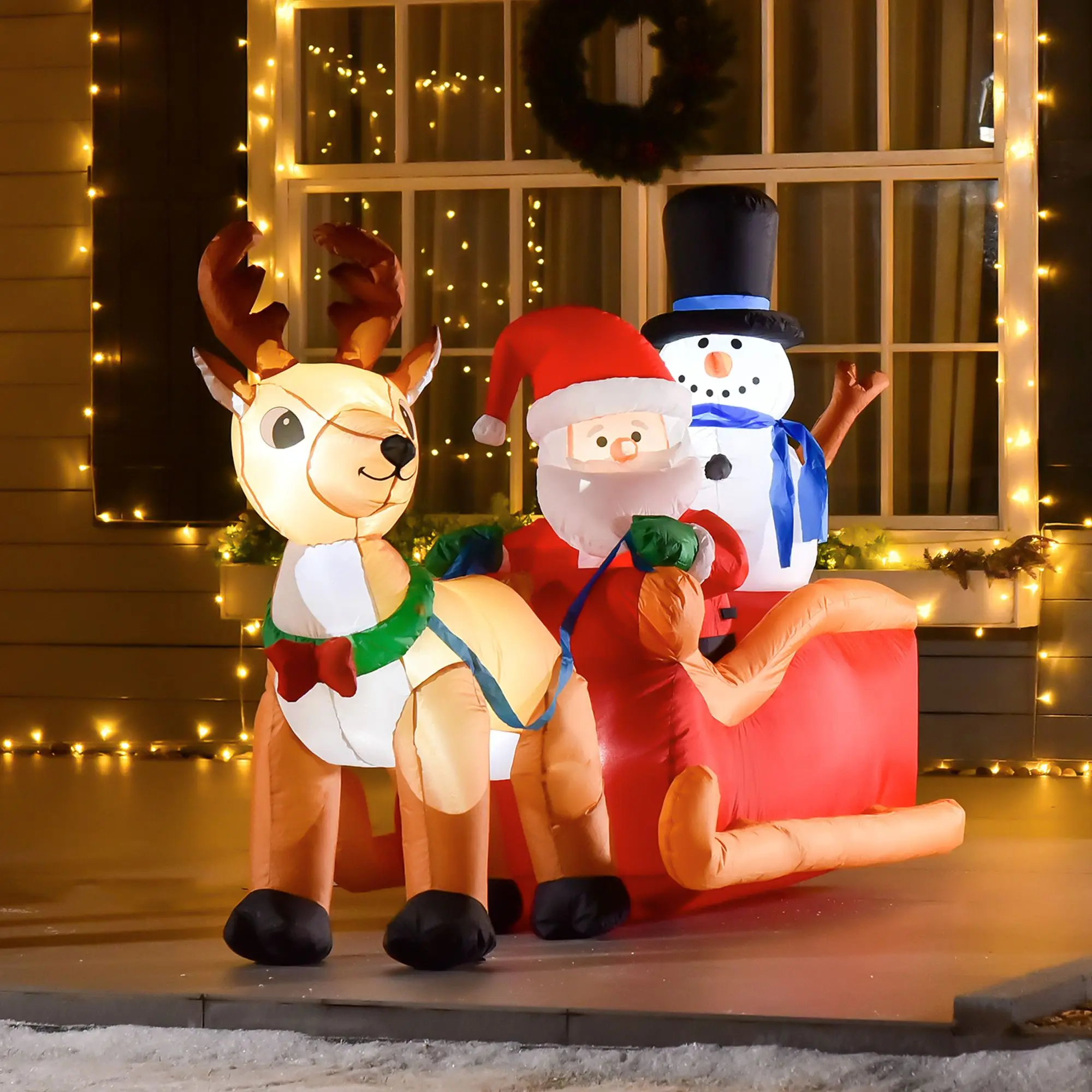 6.5 ft Long Christmas Inflatables Outdoor Decorations Santa Claus on Sleigh, Reindeer and Snowman with LED Lights for Holiday
