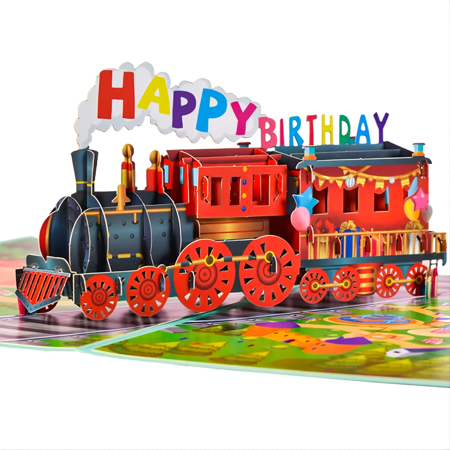 Cartes postales de train en 3D, carte pop-up joyeux anniversaire, 7.9x5.9 pouces, 1 pièce