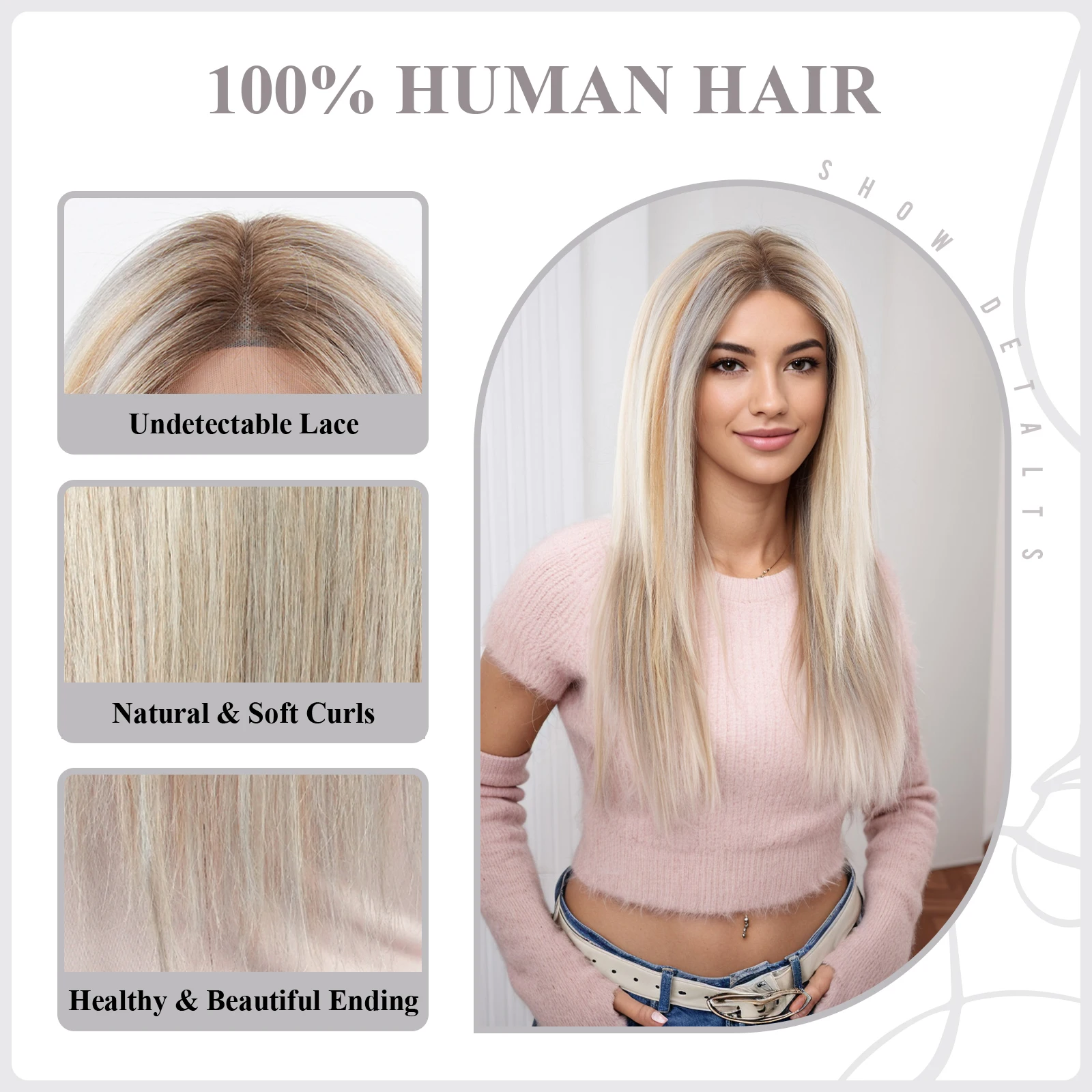 16 Inches Remy Human Hair Long Straight Platinum Blonde Highlights Wigs Hair 13*4 Lace Frontal Human Hair Wigs for Women