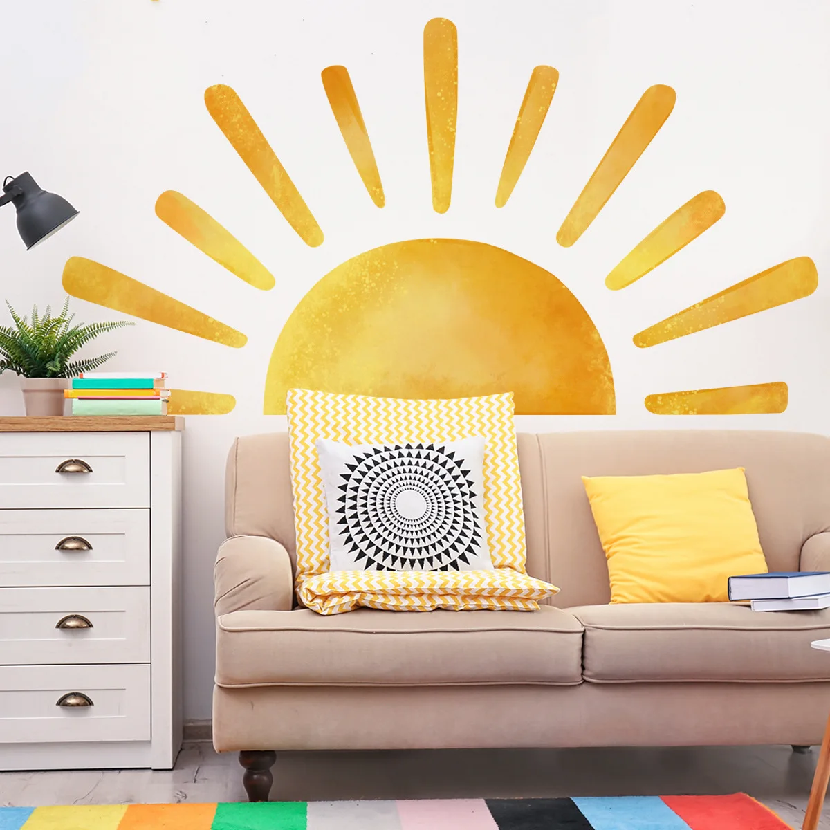 68.5X37.4 inch Large Boho Half Sun Wall Decals Stickers Watercolor Sunshine Wall Mural Poster Art for Kids Babies Nursery Room