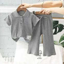 Girls Summer Clothing Suit Children Short-Sleeved Polo Shirt Wide Leg Pants 2Pcs Sets Baby Loungewear Fashion Pit Stripe Outfits