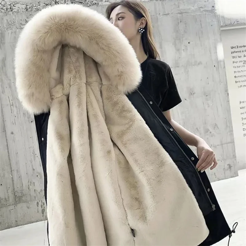 Pai Overcome Coat Women\'s 2024 Winter Imitation Rabbit Hair Inner Fur Jacket Fox Fur Collar Detachable Outwear Thick Female Tops