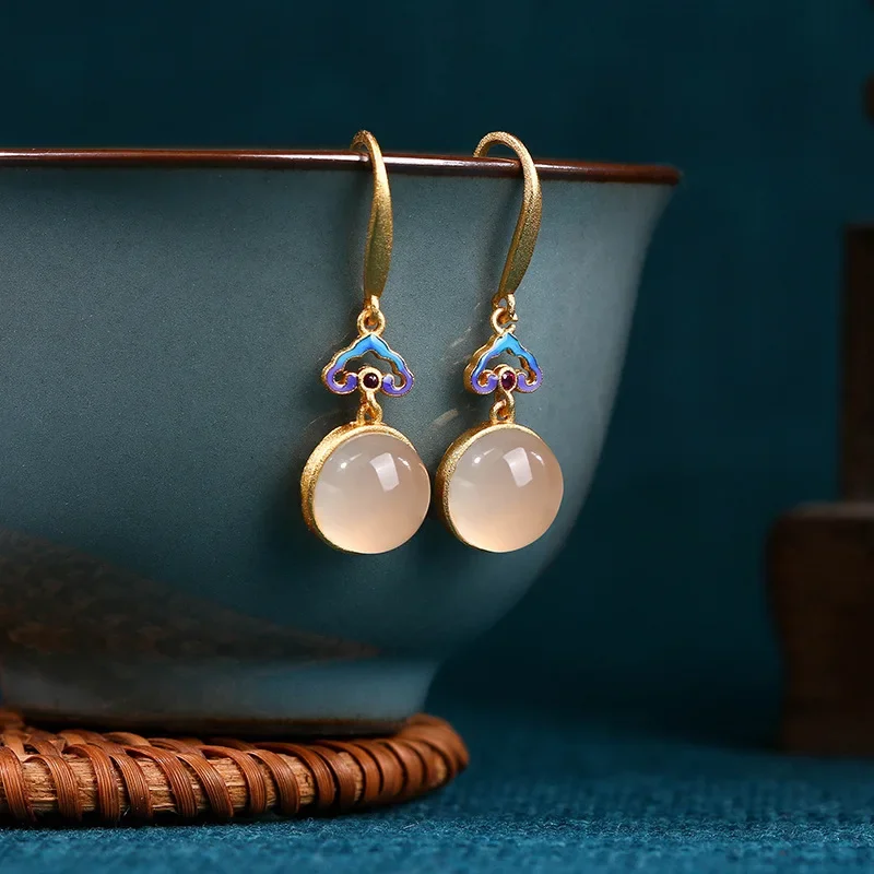 

gold-plated retro burnt blue natural chalcedony 925 Tremella needle earrings auspicious cloud country tide style