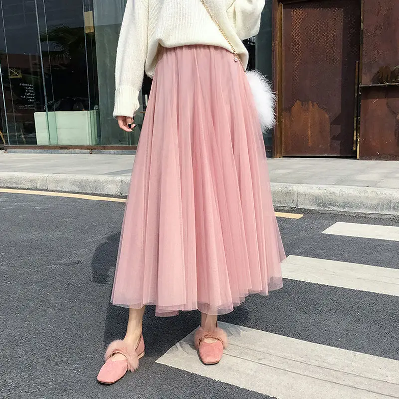 40 to 70kg Teens Skirt Summer for Women Girl Kids 3 Layers Princess Tulle Skirts Woman Mesh Pleated A-line Lady Long Tulle Skirt