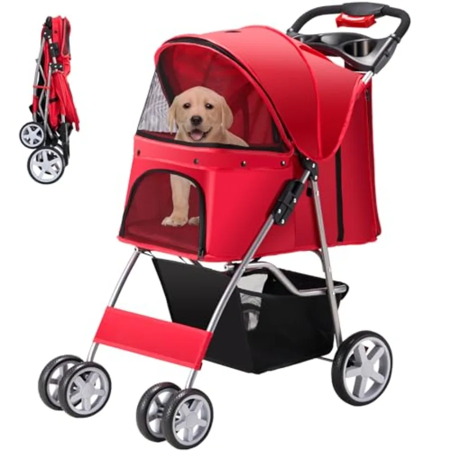

Pet Stroller for medium/small dogs and cats, red polyester with breathable mesh, foldable all-season strolling cart featuring c