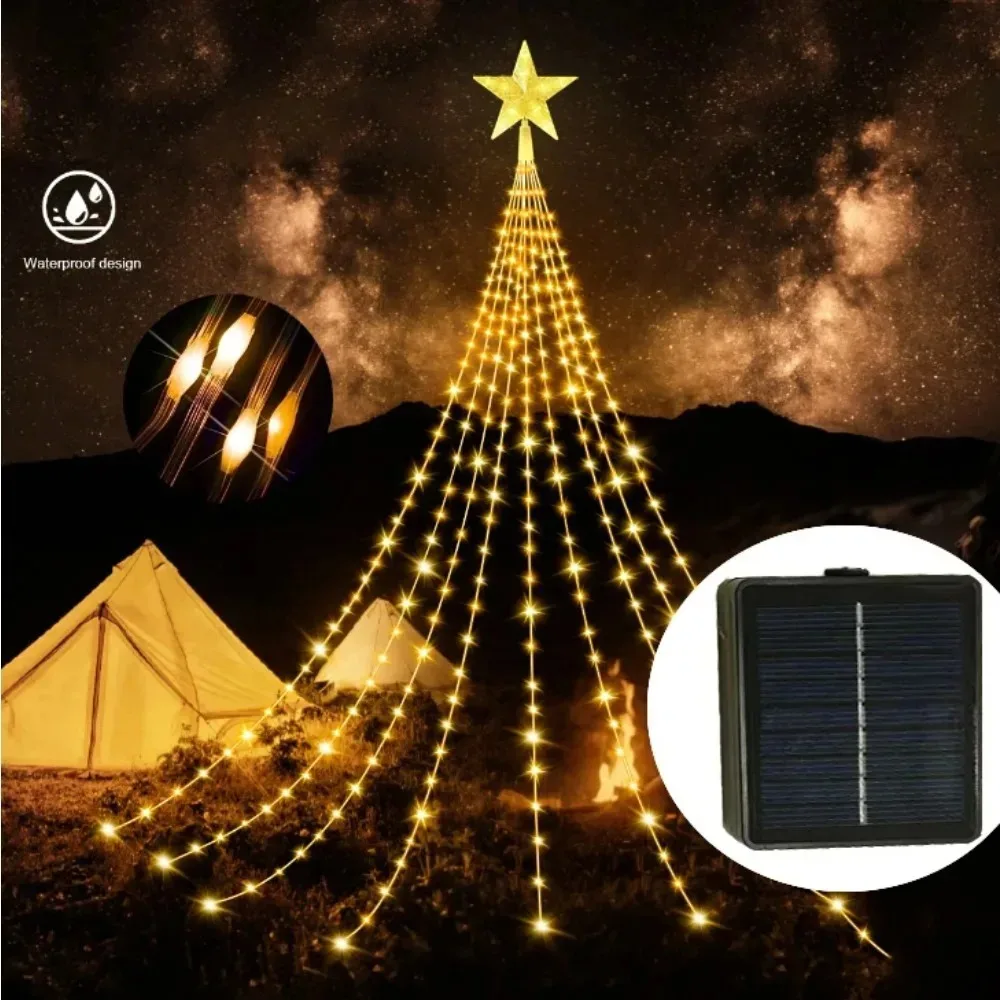 Christmas Star Curtain Lights Solar Powered LED String Lights Outdoor Garden Pathway Holiday Home Party Decoration