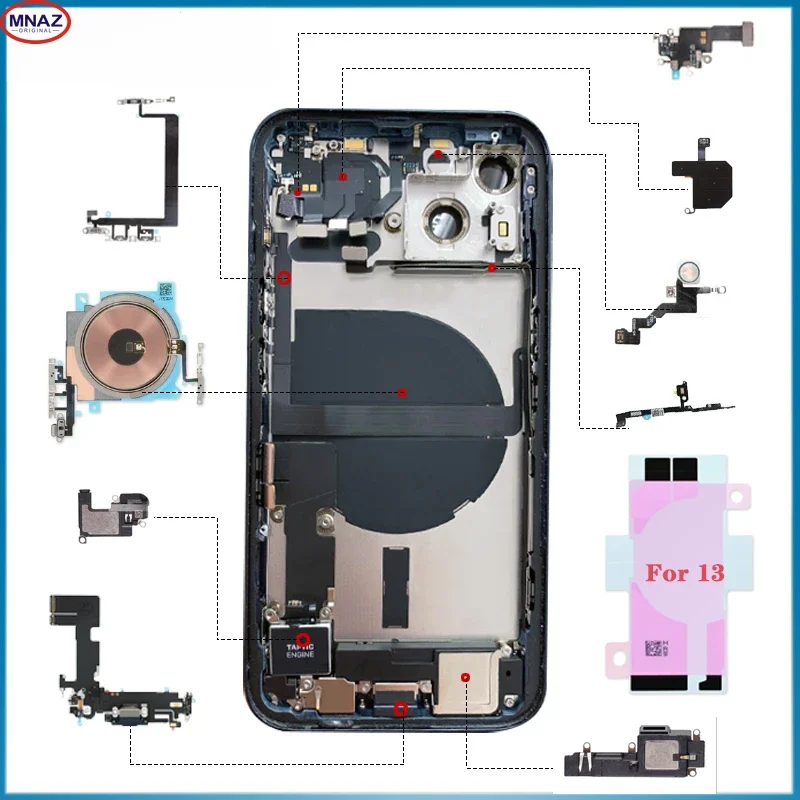 For IPhone 13 Battery Back Cover, Mid Case, SIM Card Tray, Side Key Assembly,Wireless Charging + Flexible Cable = Full Assembly