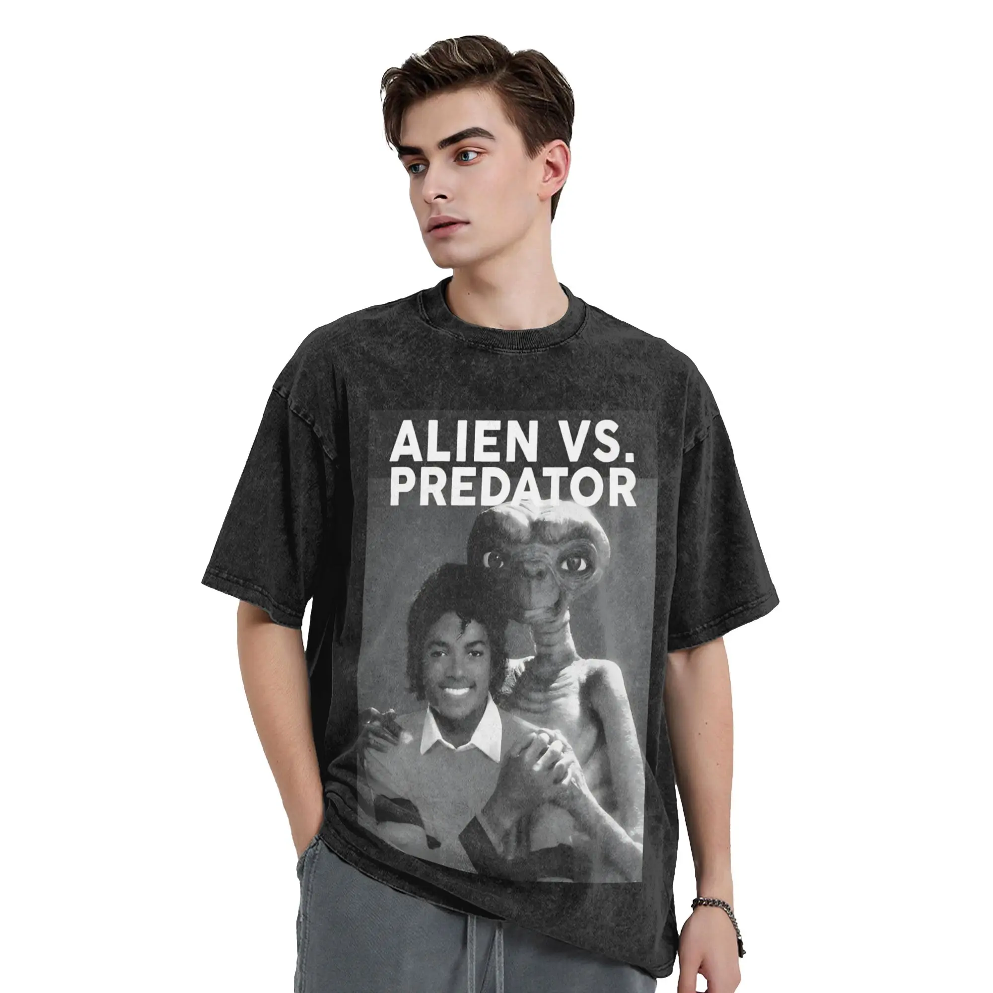 Washed T Shirts ALIEN AND A PREDATORs meme Hip Hop Vintage T-Shirts Harajuku Streetwear 100% Cotton Tops Tee Shirt for Men Women