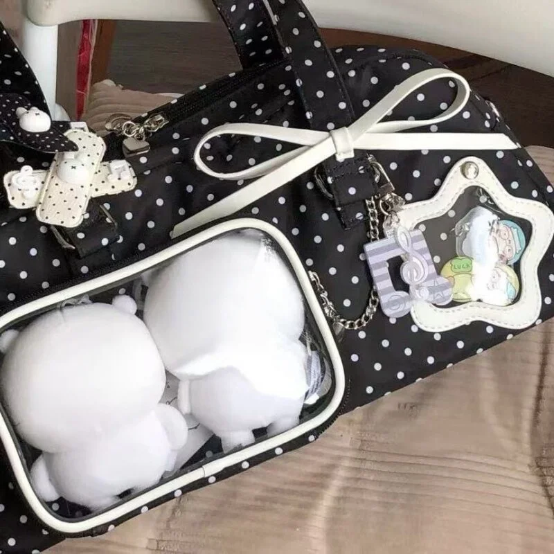 2026 Polka Dot Nylon Tote Bag Harajuku Japanese Style Transparent Display Star Handbag New Sweet Girl's Commuter Shoulder Bag