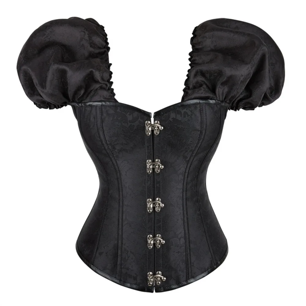 

Gothic 12 Glue Bones Puff Sleeve Overbust Corset for Women Short Sleeved Jacquard Corsets Retro Metal Rotating Buckle Corselet