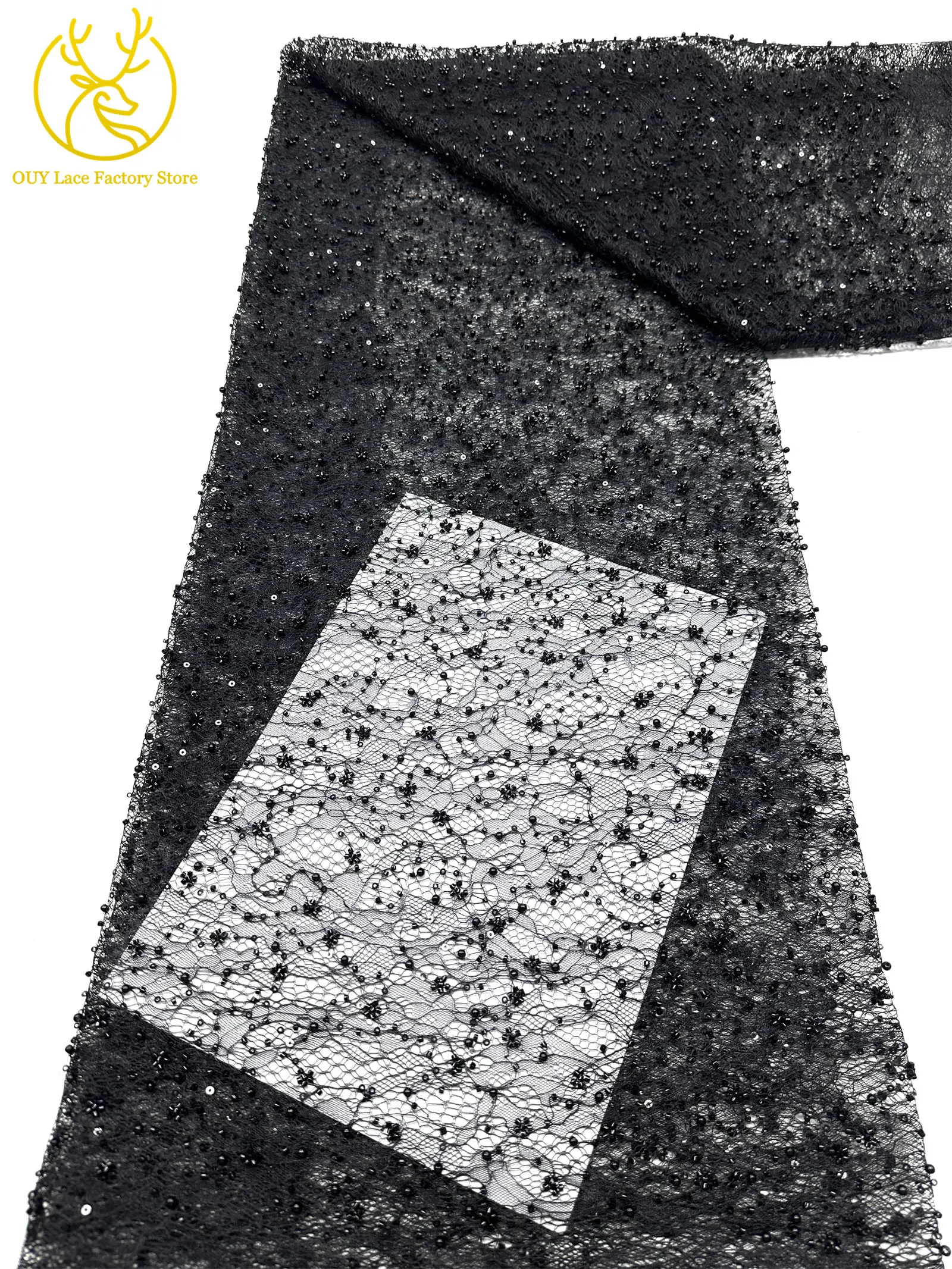 Kaffeebraune französische Tüllspitze mit Pailletten, 5 Yards, hochwertige afrikanische Spitze, nigerianischer Perlenstickerei-Spitzenstoff zum Nähen von Damen-Abendkleidern – Detail 35