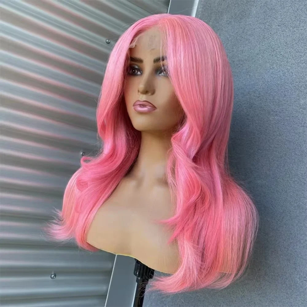 Light Pink Layered Cut Natural Wave Lace Front Wig 13x4 HD Lace Wigs Glueless Synthetic And Blend PrePlucked Daily Party Cosplay