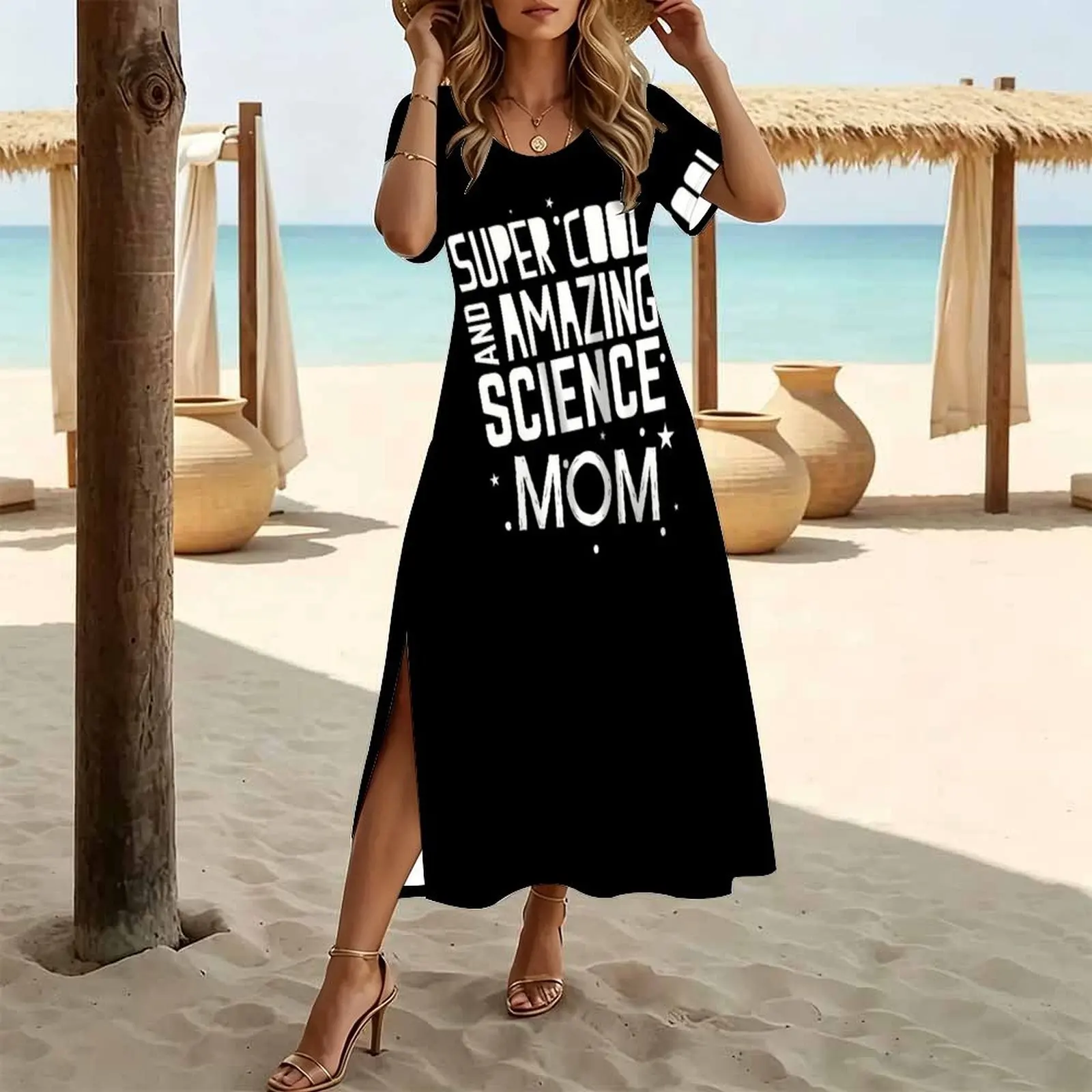Super cool and AMAZING science mom Women's Round Neck Short Sleeve Split Long Dress