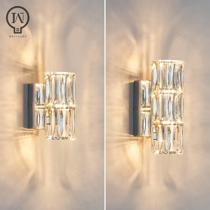 Stainless Steel Long Wall Lamp Light Luxury Crystal Wall Light for Living Room Bedroom Bedside Villa High‑end Background Wall