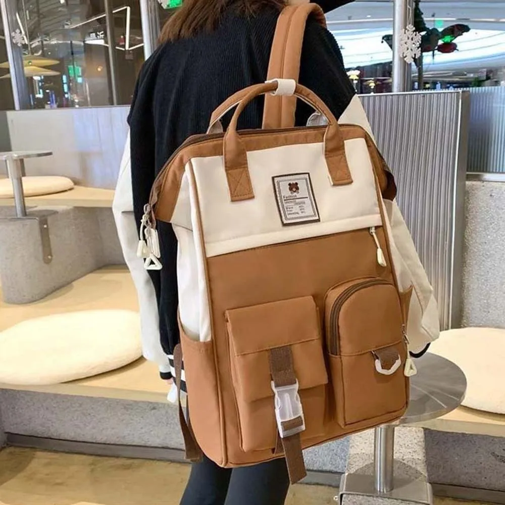 

Adjustable Large Capacity Backpack Korean Style Contrast Color Casual Nylon Daypack Anti-splash Water Soft Women School Bag