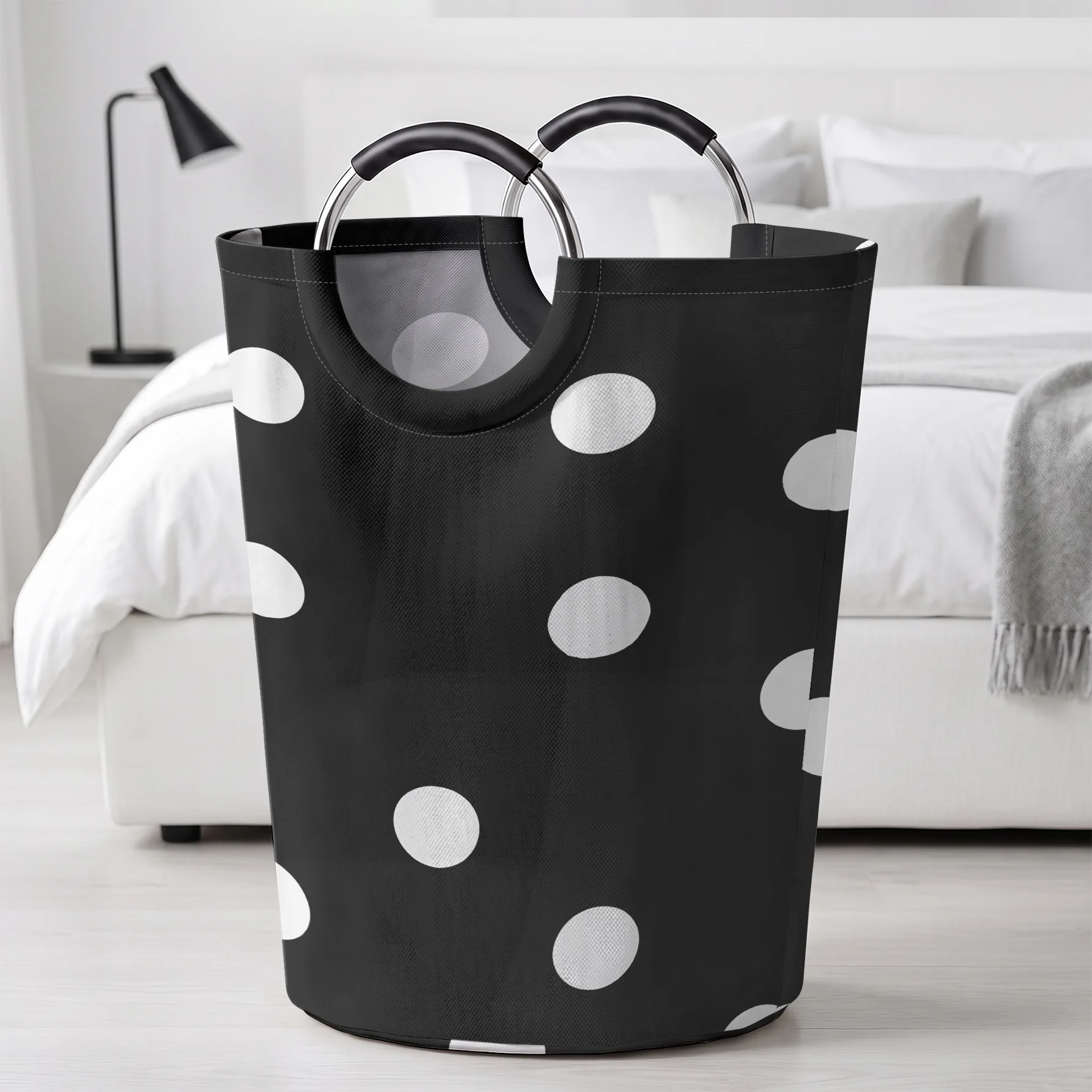 Black White Polka Dot Print Handheld Storage Basket, Large Capacity, for Dirty Clothes, Bedroom Sundries and Toy Storage