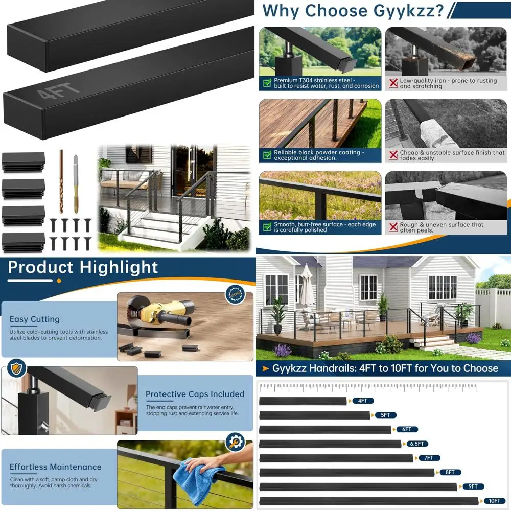 درابزين أسود من الفولاذ المقاوم للصدأ 304 خارجي مطور لأنظمة درابزين الكابلات، عبوتان، 3/64 سكة مستطيلة مسطحة، Dur #1