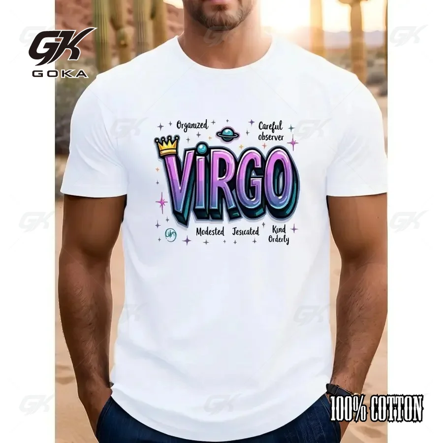 Virgo Zodiac Sign Traits T-Shirt Round Short Sleeved Tops Retro 90s Graffiti Style Astrology White Casual Crewneck Tops
