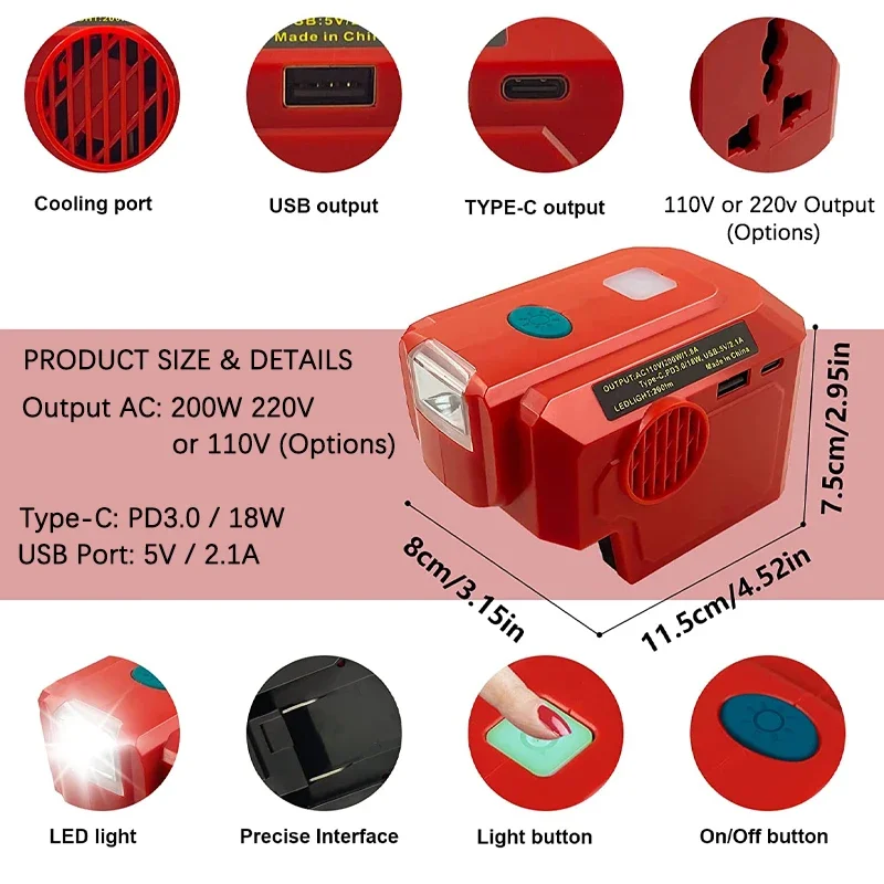 Imagem -02 - Inversor de Alimentação Portátil 200w Compatível com Milwaukee m & 18 18v Bateria ac 110v ou 220v Inversor de Onda Senoidal Modificado