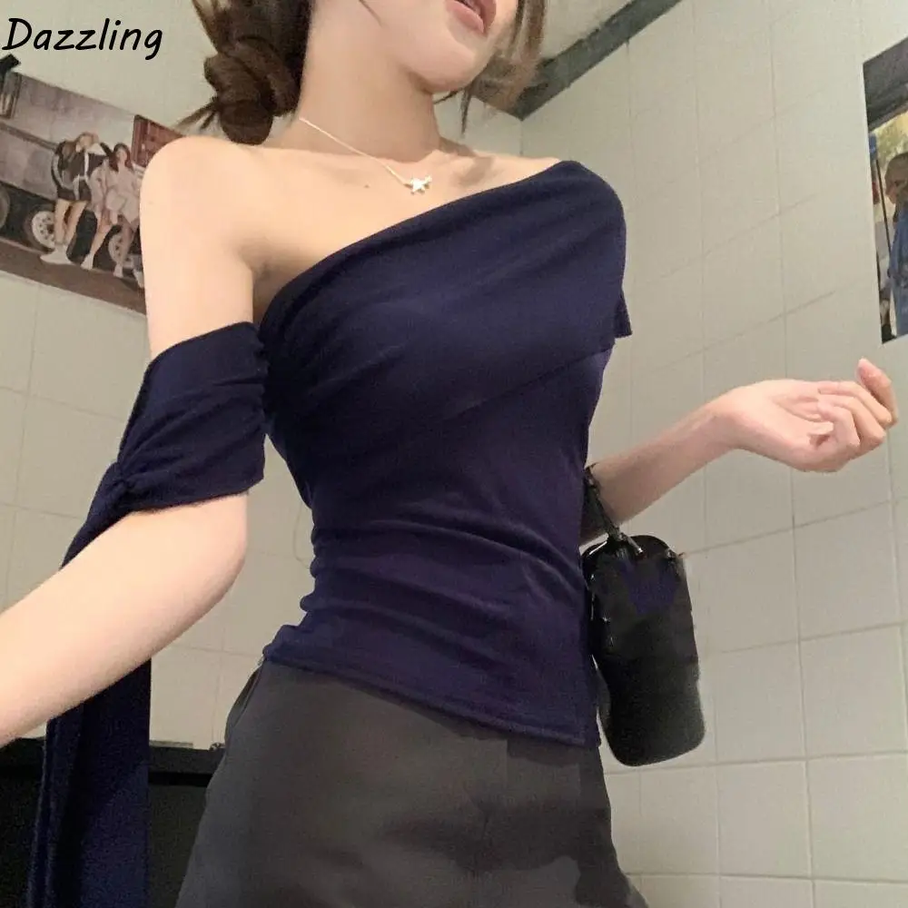 

Fashion Ruffle Short Sleeve T-shirt Ribbon Slim Fit Off Shoulder Shirt Top Korean Style Chic Slanted Shoulder Top Streetwear