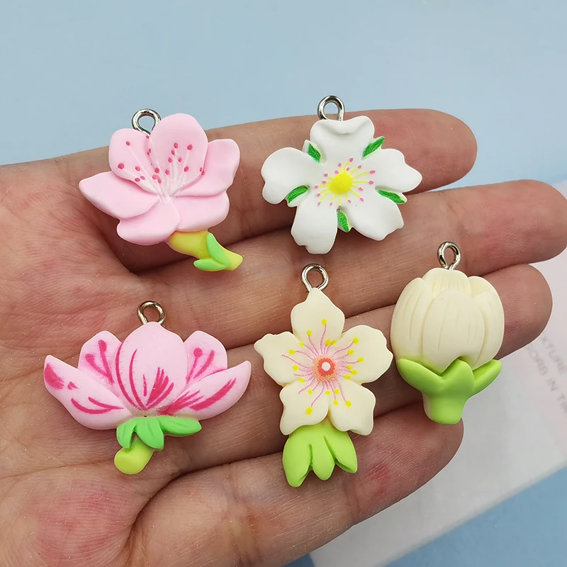 10Pcs 5style Flowers White Pink Lotus Petal Charms Resin Flat Back Cabochon Necklace Earrings Making DIY Jewelry Pendants C986