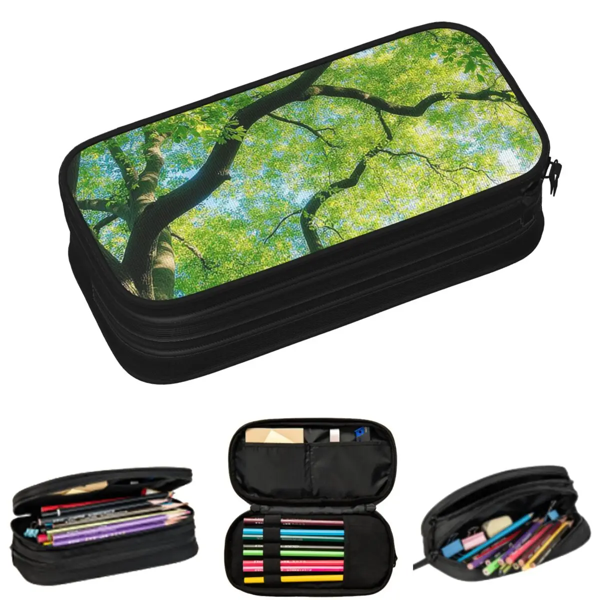

Пеналы для школьников с рисунком весеннего дерева в сине-зеленых и желтых тонах, пенал-коробка для ручек, сумка для карандашей, вместительный пенал-косметичка