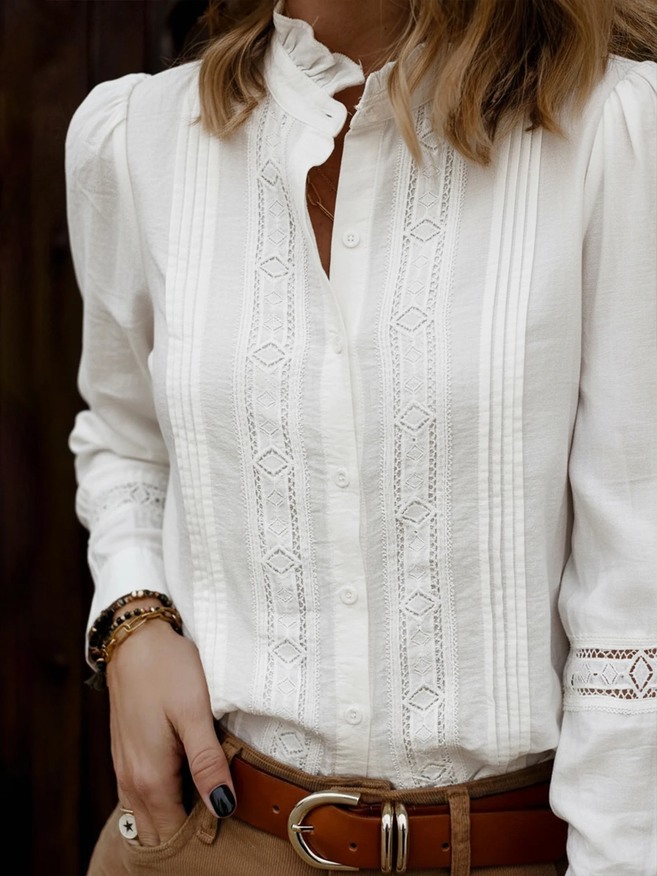 Spring and Autumn New Style Solid Color French Retro Round Collar Long-Sleeved Shirt for Women from Europe and America