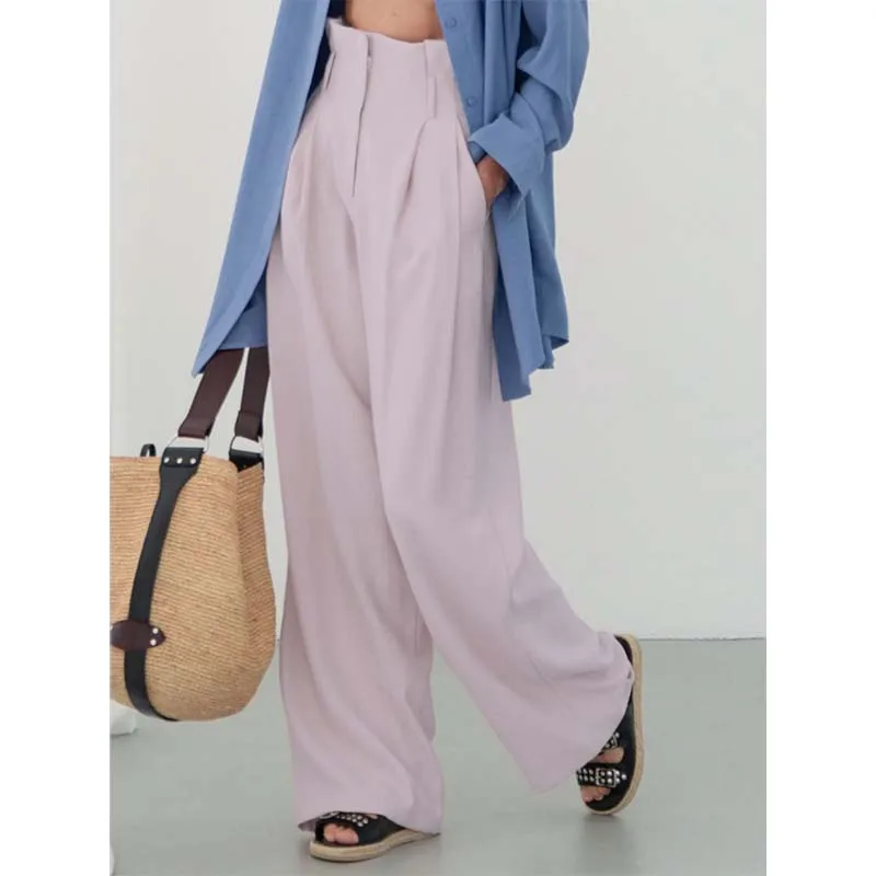 

Pink Business Pants Women High Waist Zipper Up Tailored Trousers Ladies Office Pants Wide Leg All Match Full Length Pants