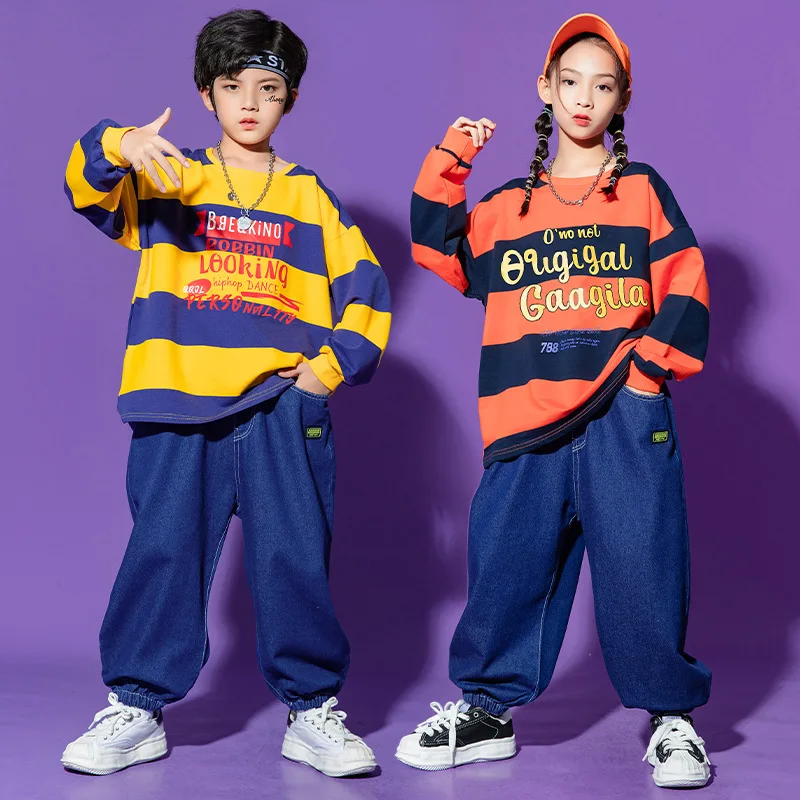 Boys Hip Hop Clothing Orange Striped Tops Streetwear Denim Trousers Pants for Kids Dance Costume Clothes